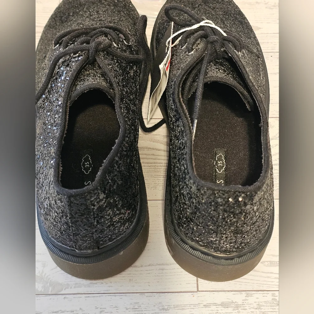 Zara Kids Black Glitter Chunky Platform Shoes Lace Up Clear Sole Size 35 EU / 6